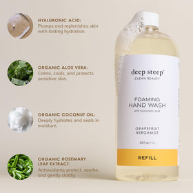 Deep Steep foaming wash grapefruit bergamot foam-lather suggests gentle cleansing.
