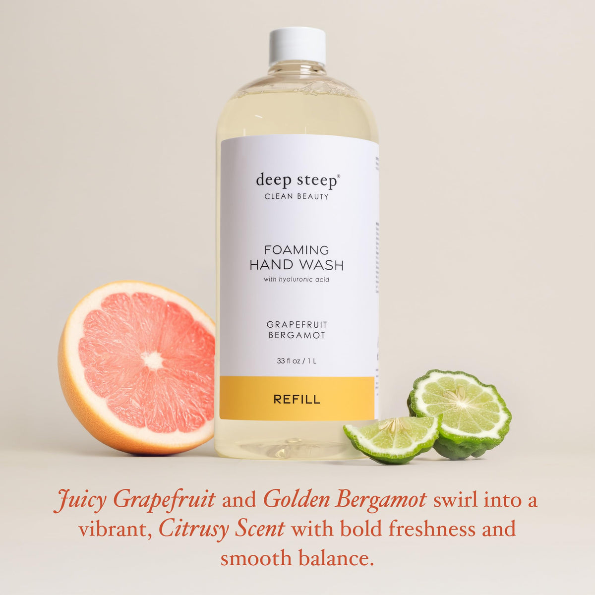 Deep Steep foaming hand wash grapefruit bergamot label details with clean design.