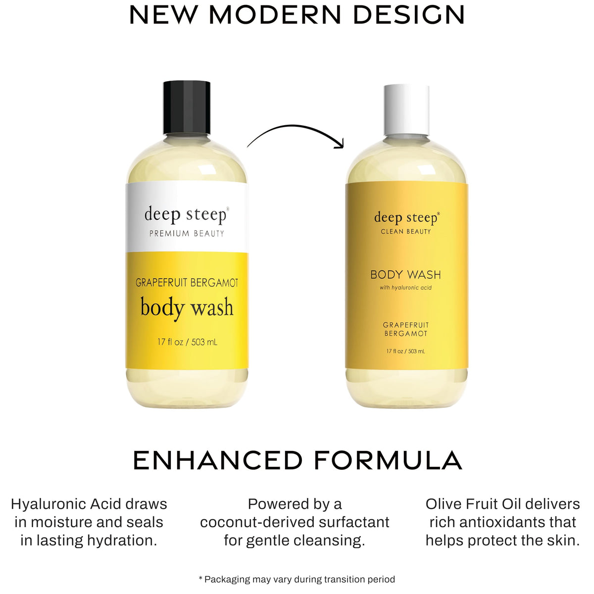 Deep Steep Grapefruit Bergamot bottle emphasizes hyaluronic acid for deep hydration