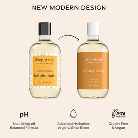 Honey Blossom bubble bath in tub highlights its aromatic, spa-like scent.