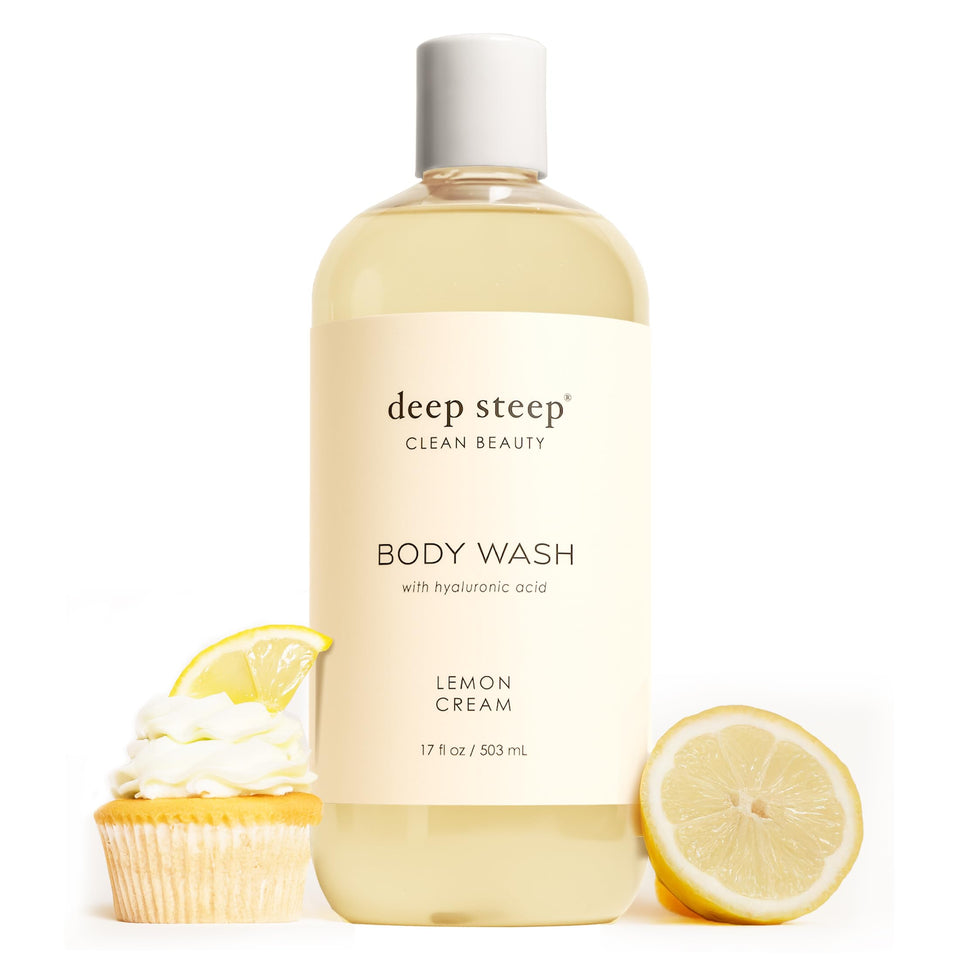 Deep Steep Lemon Cream Body Wash bottle closeup highlighting nourishing formula for sensitive skin