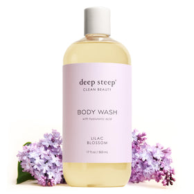 Deep Steep Lilac Blossom Body Wash bottle highlighting hydrating formula for sensitive skin.