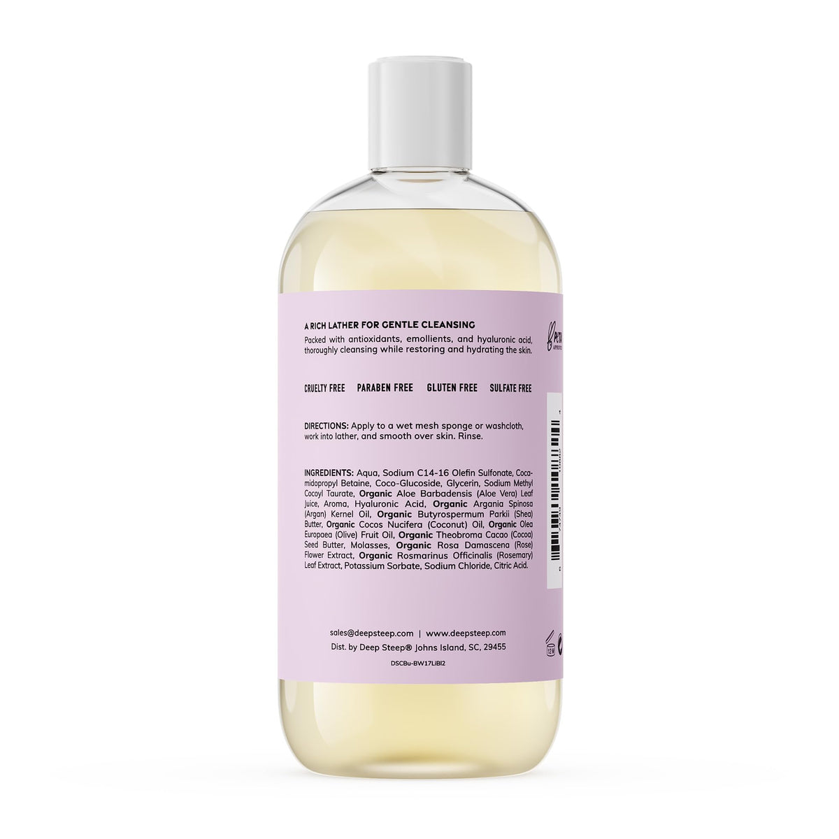 Deep Steep Lilac Blossom creamy foam demonstrates gentle cleansing for daily showers.