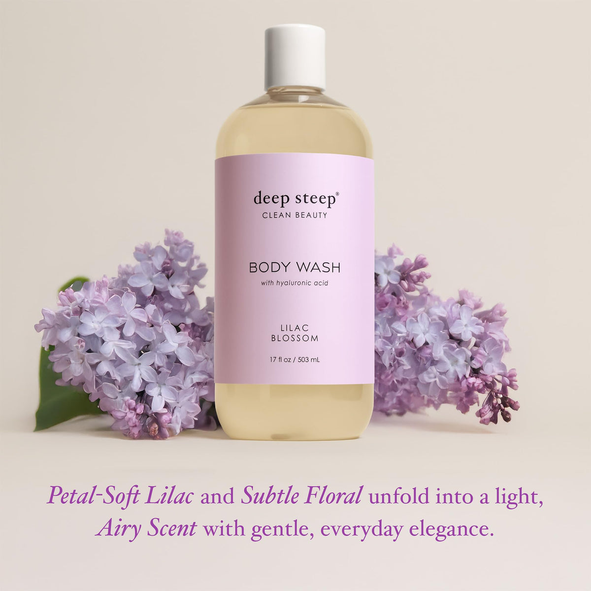 Deep Steep Lilac Blossom Hyaluronic Acid drops emphasize lasting hydration.