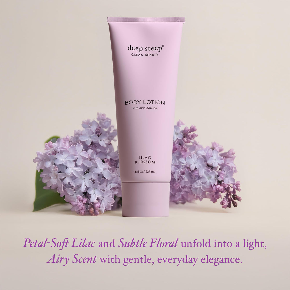 Label close-up reveals vegan, clean beauty formulation in Deep Steep Lilac Blossom