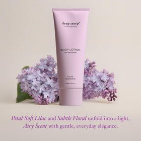 Label close-up reveals vegan, clean beauty formulation in Deep Steep Lilac Blossom