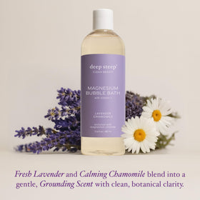 Deep Steep Magnesium Bubble Bath bottle on display with lavender chamomile.