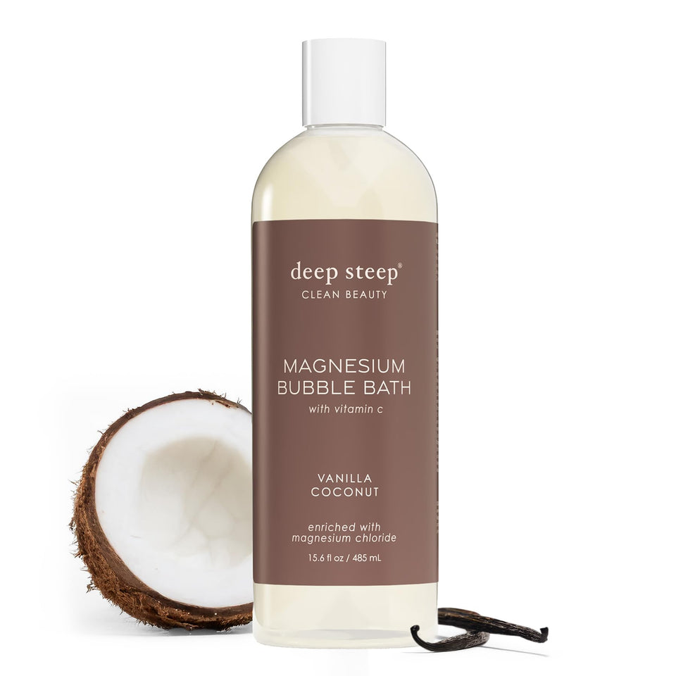 Deep Steep Magnesium Bubble Bath bottle on a bathroom shelf with calming vanilla coconut aroma