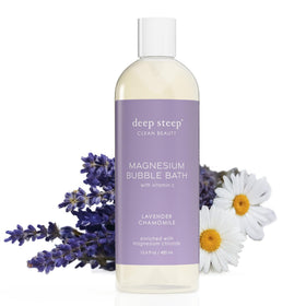 Deep Steep Magnesium Bubble Bath bottle pouring to start a soothing soak.
