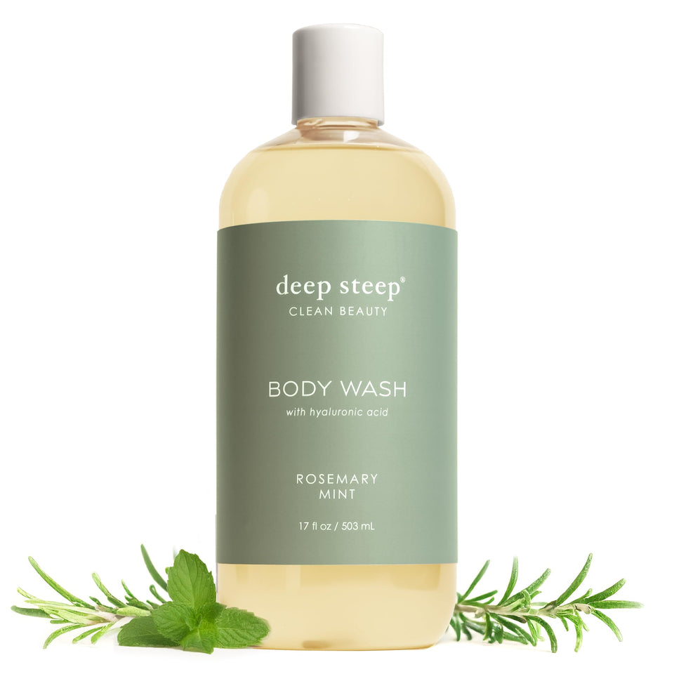 Deep Steep Rosemary Mint Body Wash bottle on sink, highlighting hydration