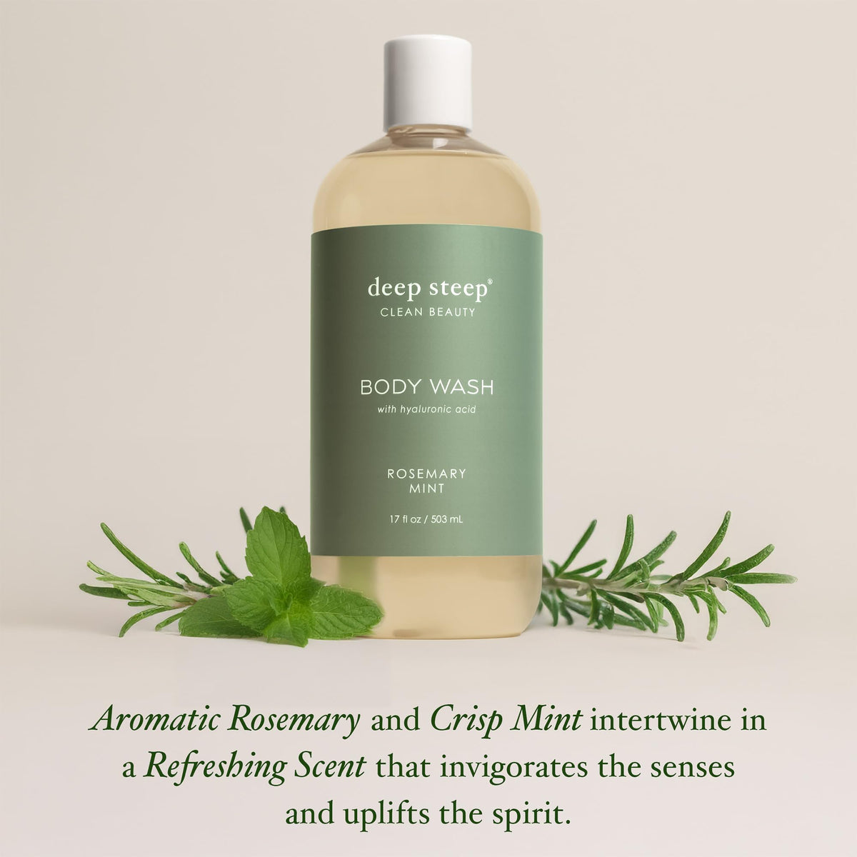 Deep Steep Rosemary Mint bottle emphasizes hyaluronic acid hydration