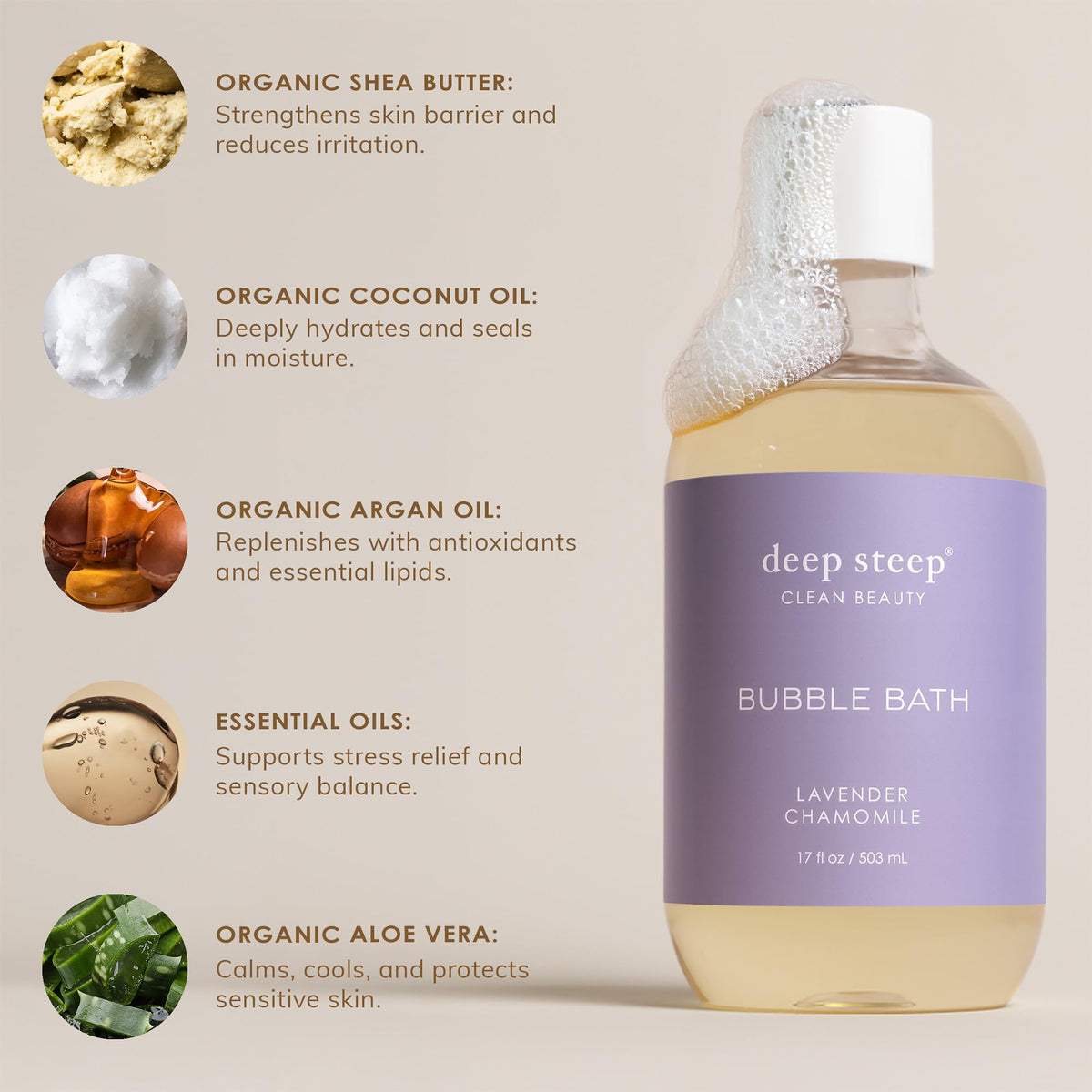 Deep Steep sulfate-free formula shown in a calming lavender image