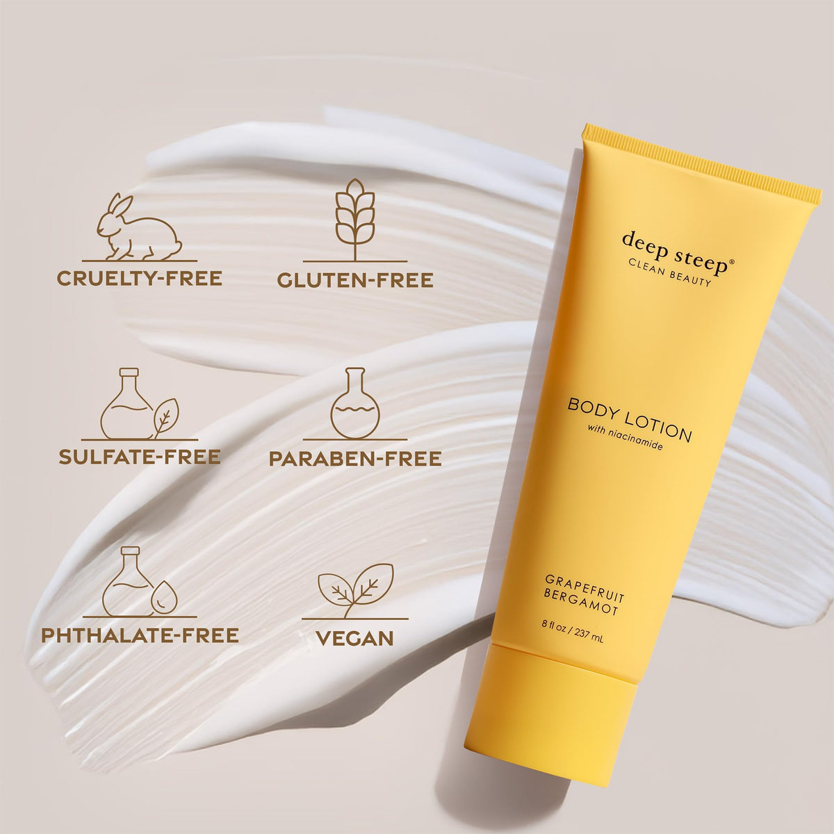 Deep Steep vegan clear-packaging conveys cruelty-free daily skin hydration.