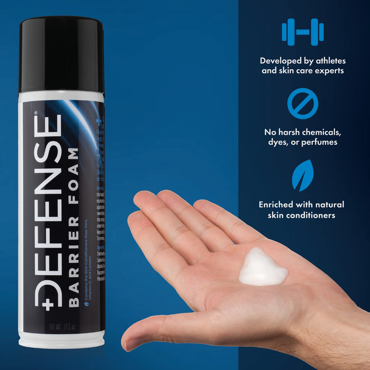 Hands applying Defense Soap Barrier Foam for quick dry-on protection.