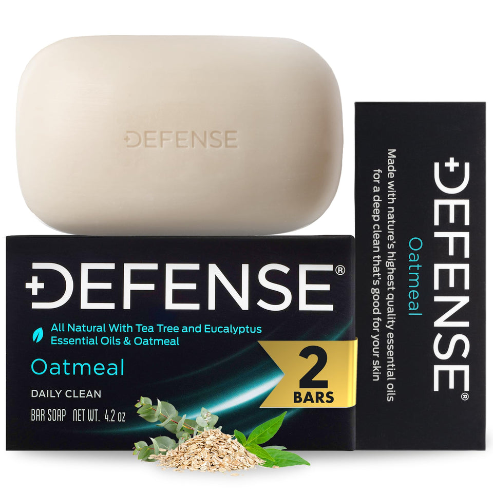 Defense Soap oatmeal bar close-up shows natural exfoliation for clearer pores.