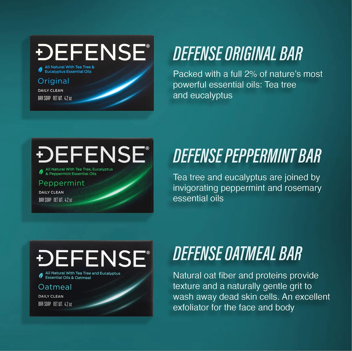 Defense Soap packaging emphasizes natural, fragrance-free formulation for daily use.