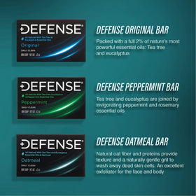 Defense Soap packaging emphasizes natural, fragrance-free formulation for daily use.