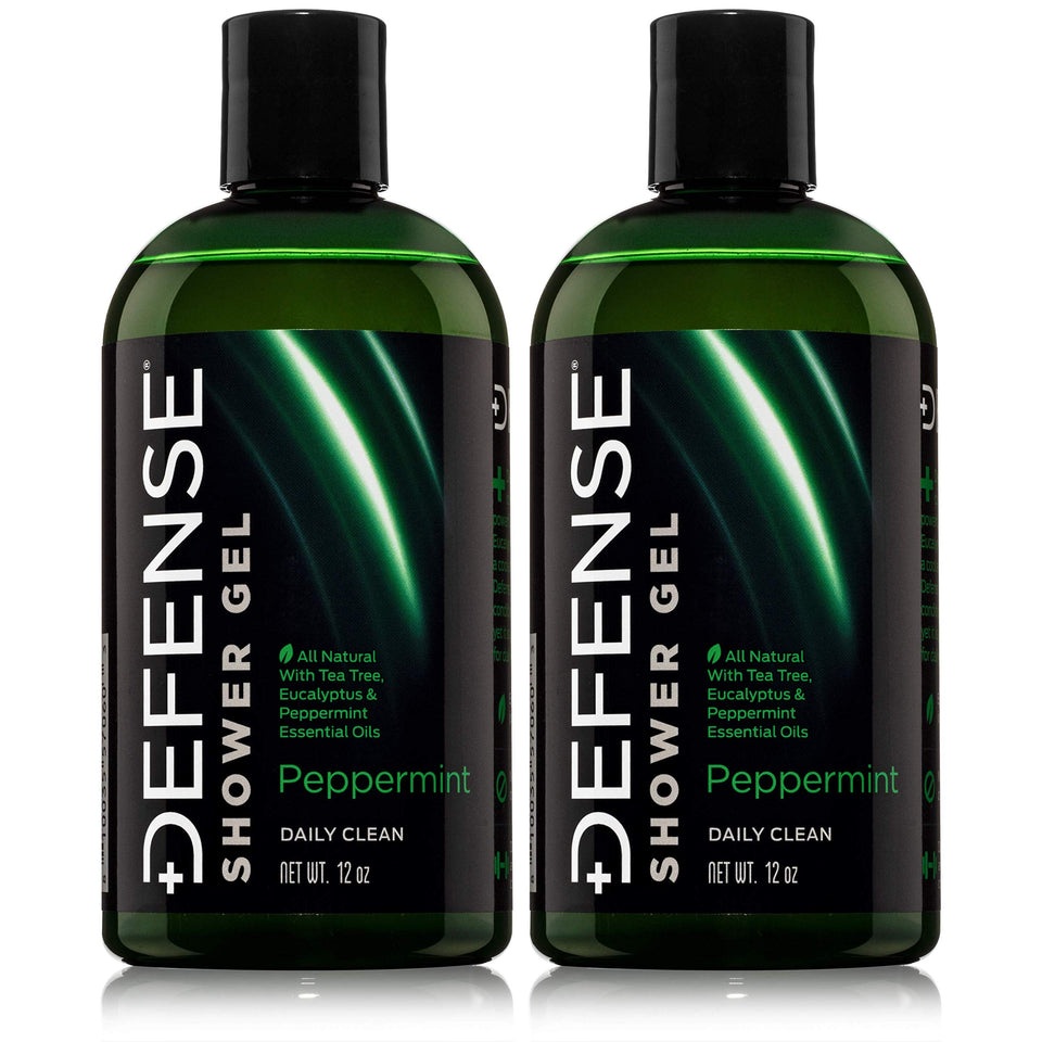 Defense Soap Peppermint Tea Tree Body Wash bottle on display for odor control and skin protection.