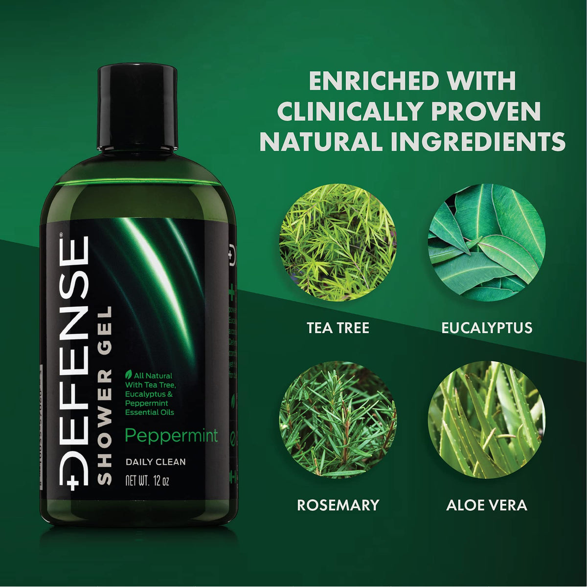 Pour shot of Defense Soap Peppermint Tea Tree Body Wash in shower.