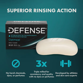 Defense Soap bar in shower setting suggests a skin-friendly routine.