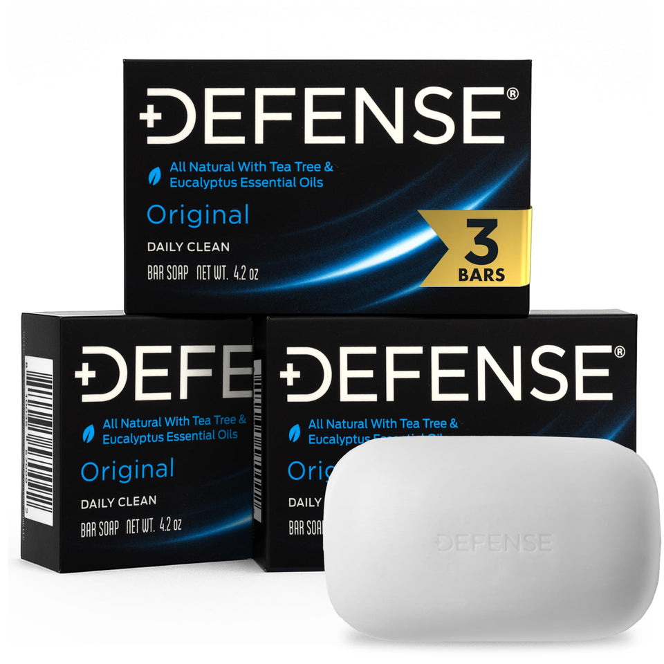 Defense Soap 3-pack tea tree bar in pack ideal for athletes' routine.