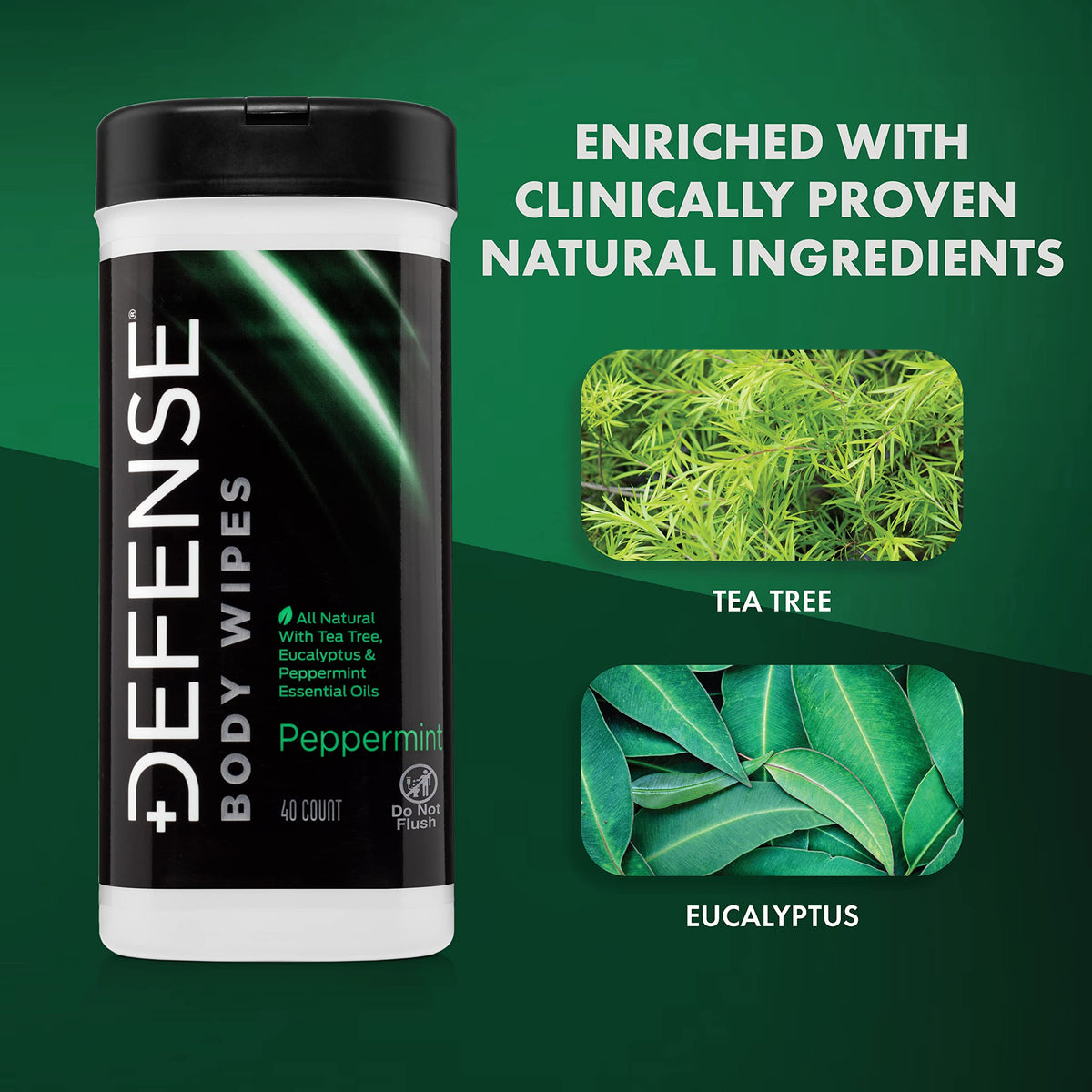 Defense Soap tea tree oil wipes label showing natural ingredients.