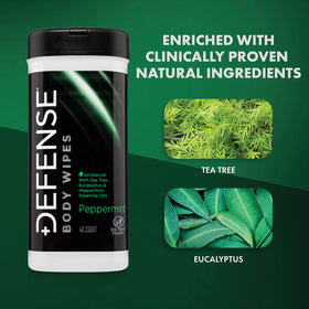 Defense Soap tea tree oil wipes label showing natural ingredients.