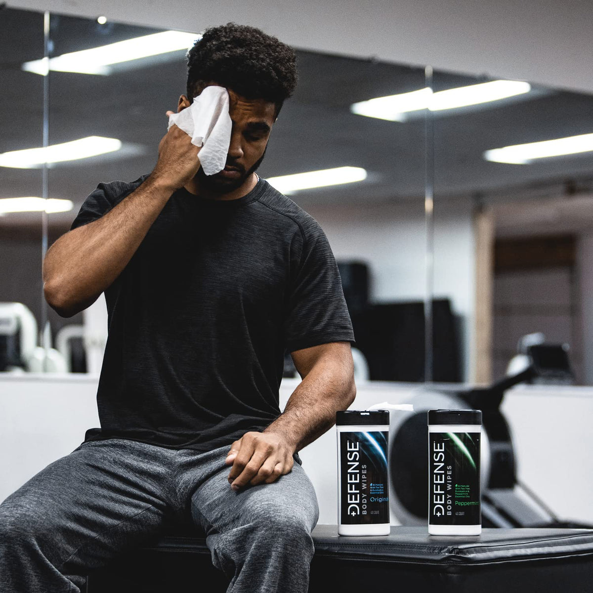 Defense Soap wipes in gym bag, ready for dirt and sweat removal.