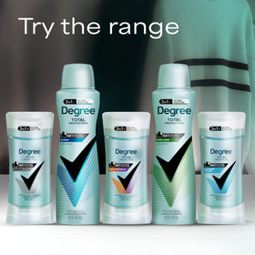 Degree 72-hour protection badge highlighting all-day odor control and dryness.