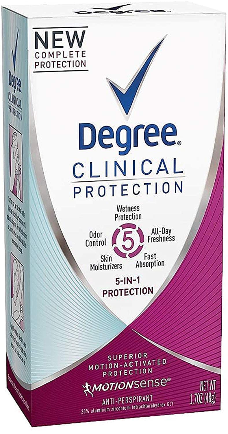 Degree Clinical Protection 5-in-1 antiperspirant bottle with all-day sweat and odor control.