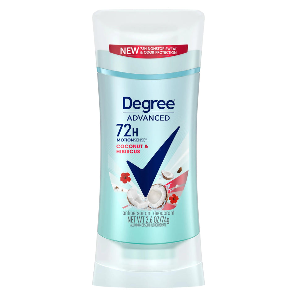 Degree Coconut Hibiscus bottle showing all-day protection and tropical scent