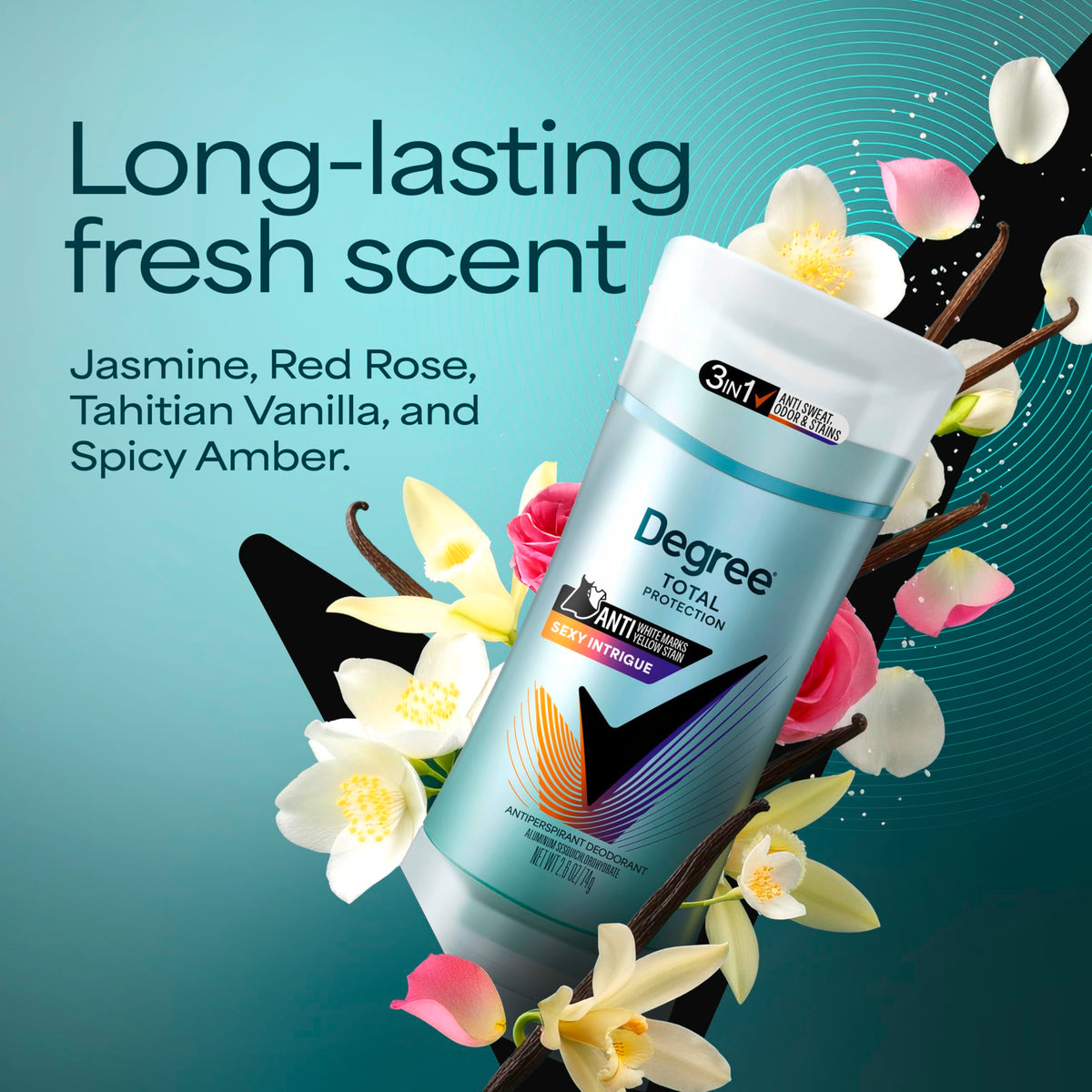 Degree Sexy Intrigue fragrance with jasmine and vanilla notes.