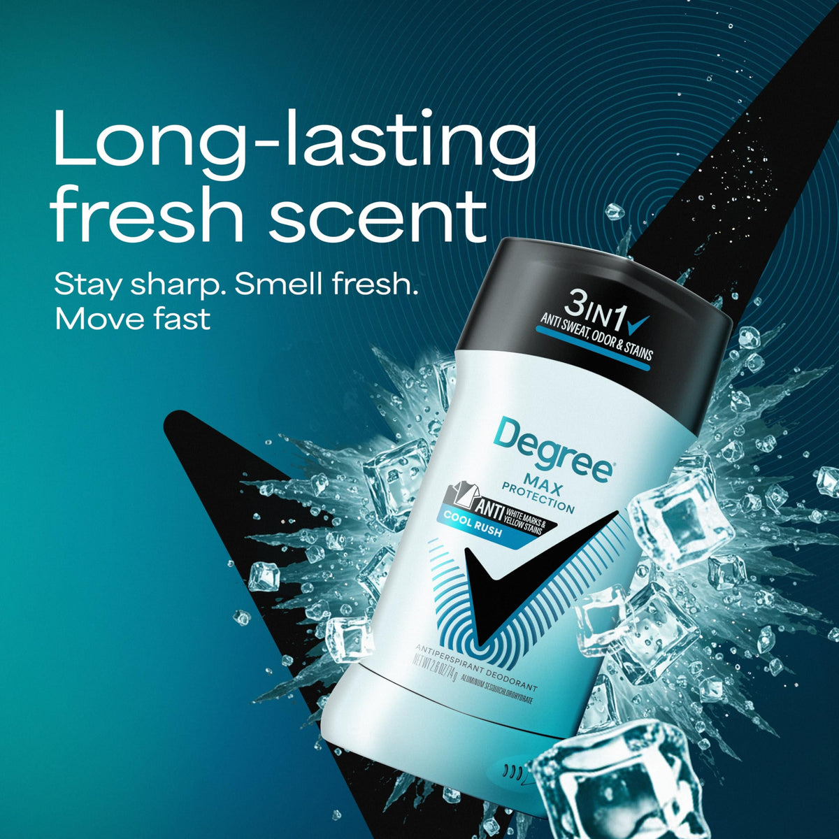 Degree Men anti-mark technology highlighting clothes-friendly protection.