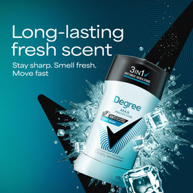 Degree Men anti-mark technology highlighting clothes-friendly protection.