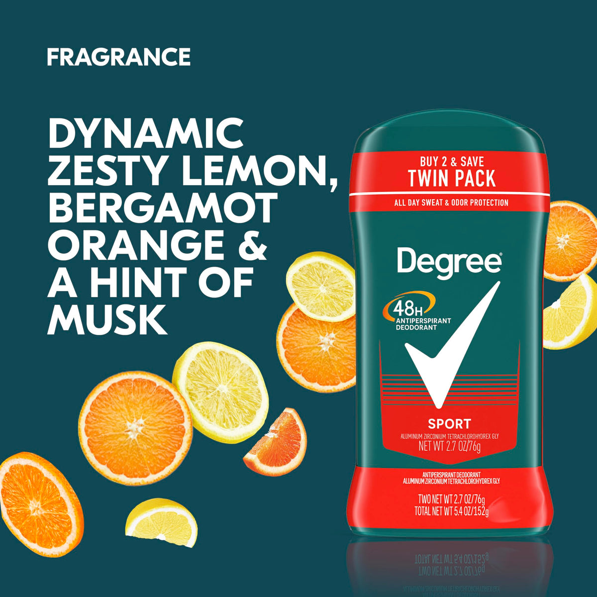 Degree Men Sport antiperspirant label closeup highlighting scent and protection