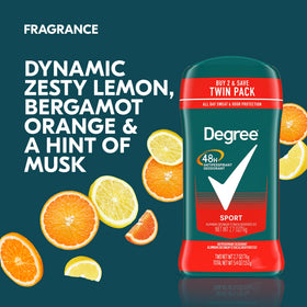 Degree Men Sport antiperspirant label closeup highlighting scent and protection