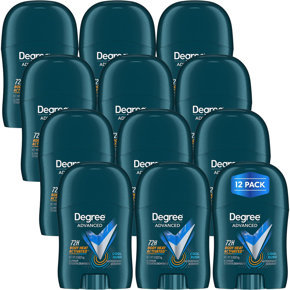 Degree Men Cool Rush travel deodorant 12-pack showing compact protection for trips