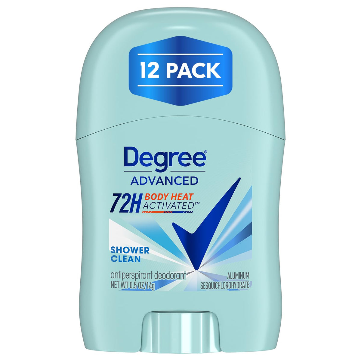 Degree Shower Clean 12-pack packaging showing travel-size sticks for on-the-go freshness