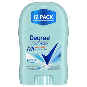 Degree Shower Clean 12-pack packaging showing travel-size sticks for on-the-go freshness