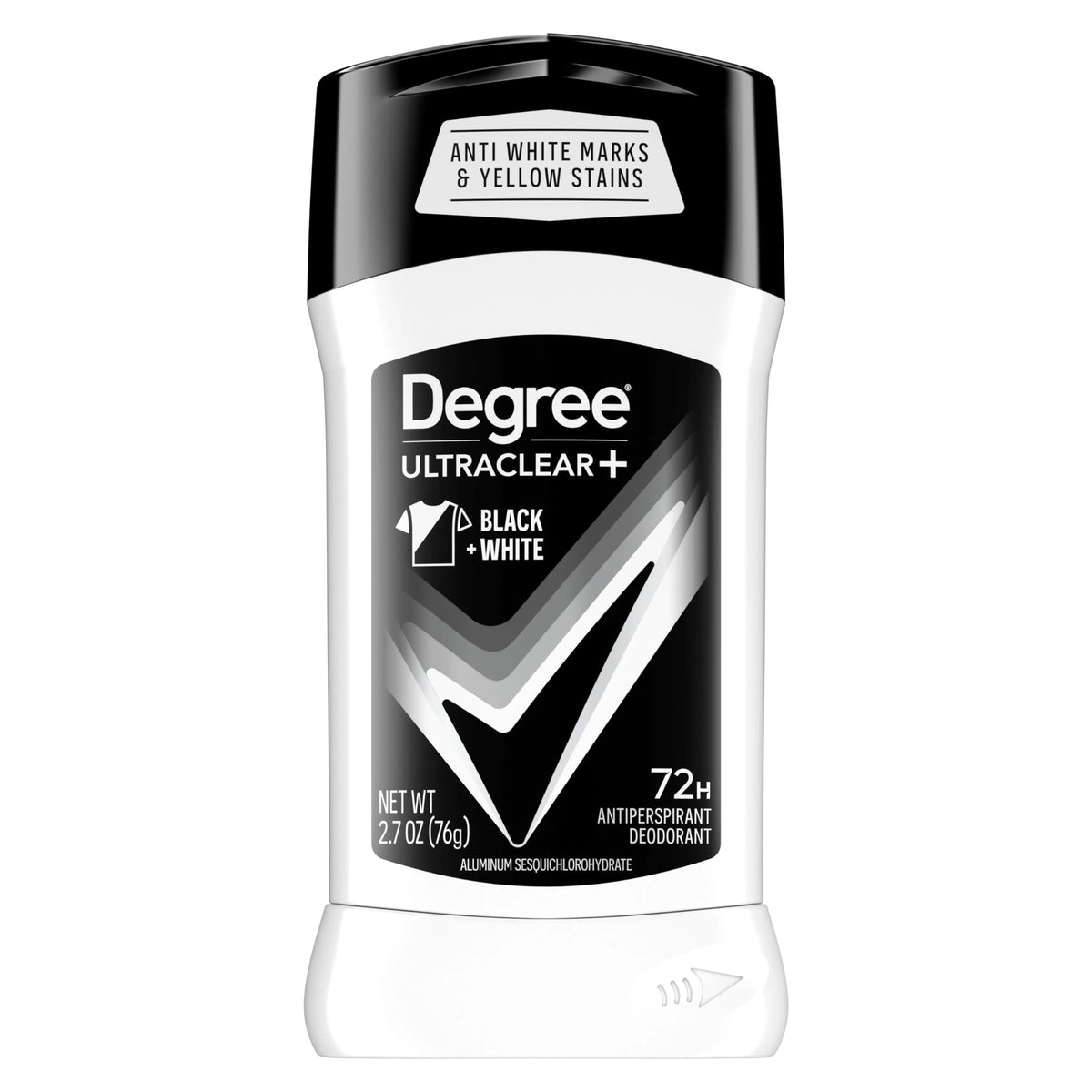 Degree Ultra Clear Black+White antiperspirant stick in a 4-pack showing invisible protection