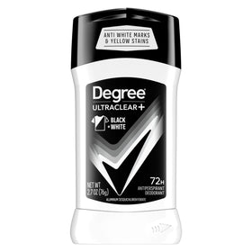 Degree Ultra Clear Black+White antiperspirant stick in a 4-pack showing invisible protection