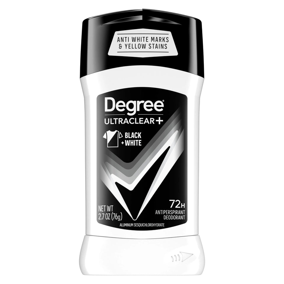 Degree Ultra Clear Black+White antiperspirant stick in a 4-pack showing invisible protection