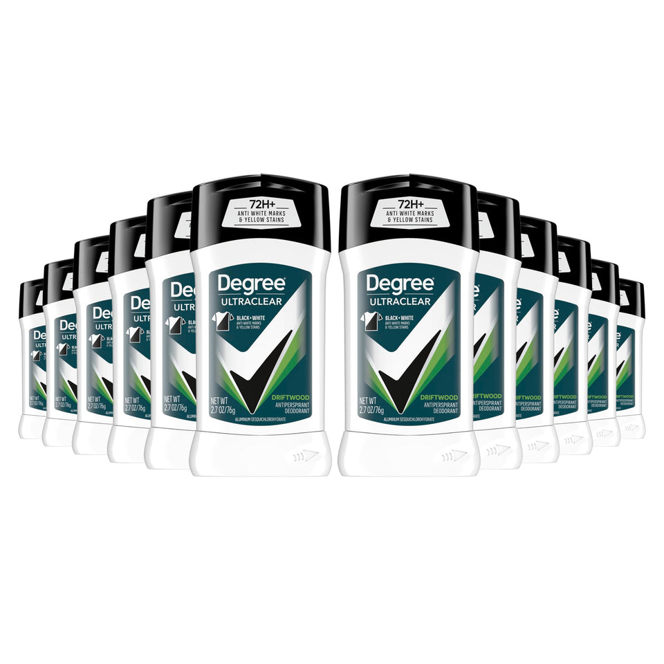 Degree UltraClear Black+White 12-pack showing anti-mark protection for clothes