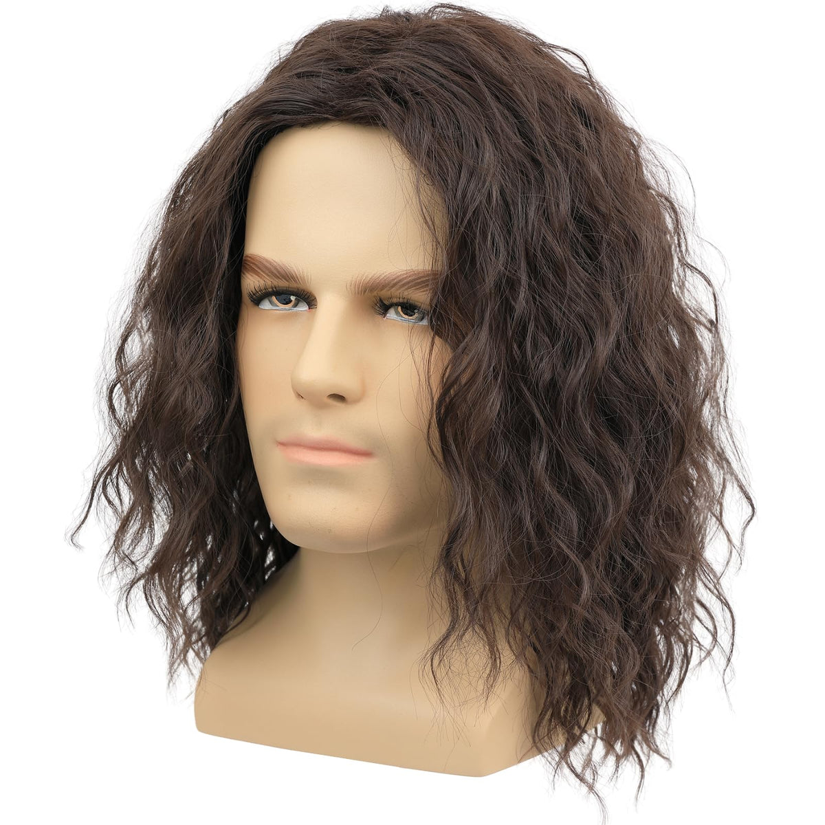 Deifor men's brown wavy wig, closeup curls showcase heat-resistant fiber texture.