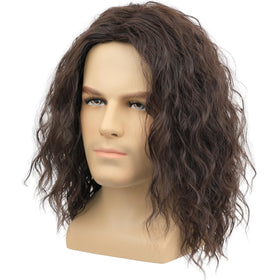 Deifor men's brown wavy wig, closeup curls showcase heat-resistant fiber texture.