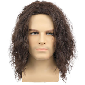 Deifor men's brown wavy wig, front view showing natural middle part for cosplay.