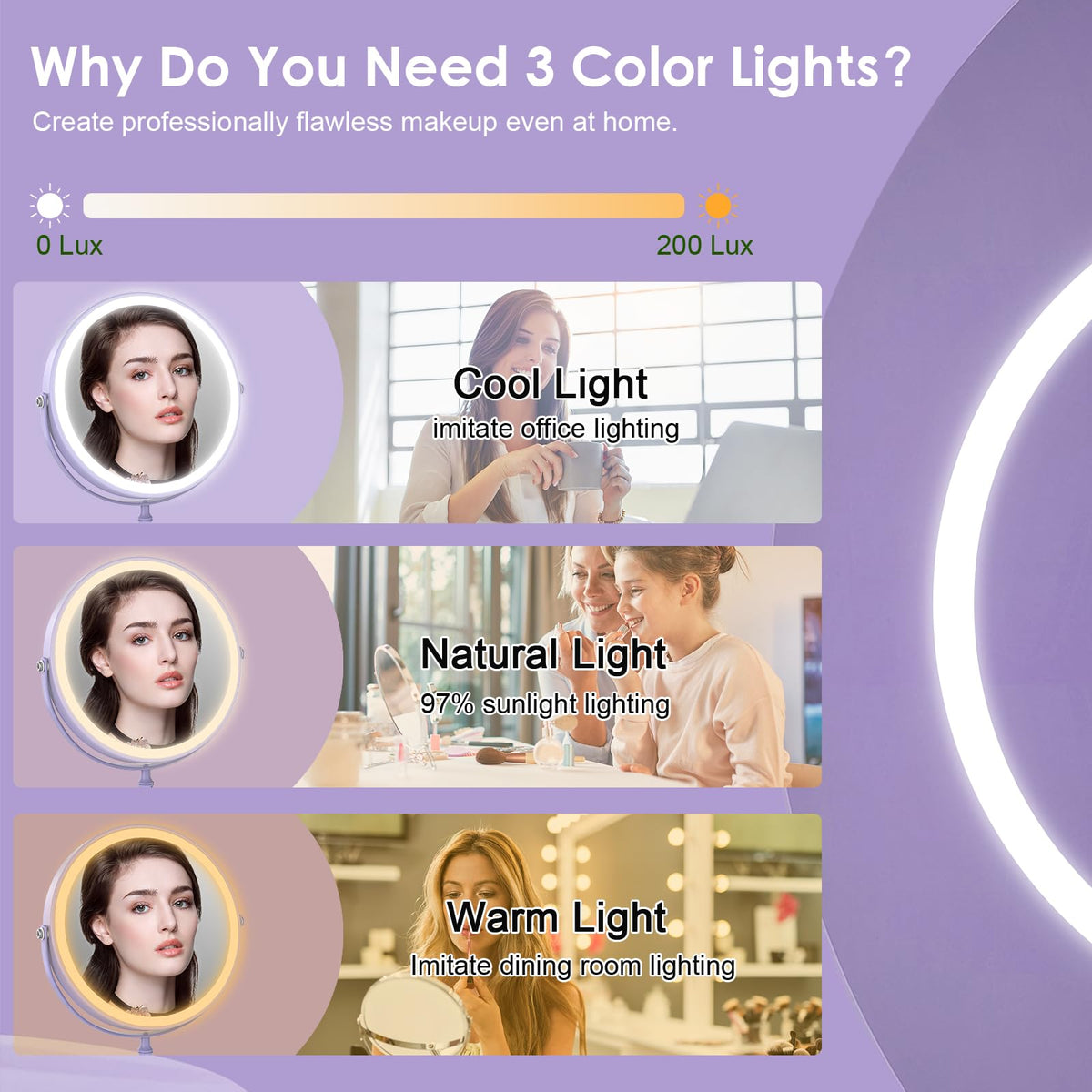 DEIOVWXS makeup mirror shows 3-color LED lighting for adaptable lighting