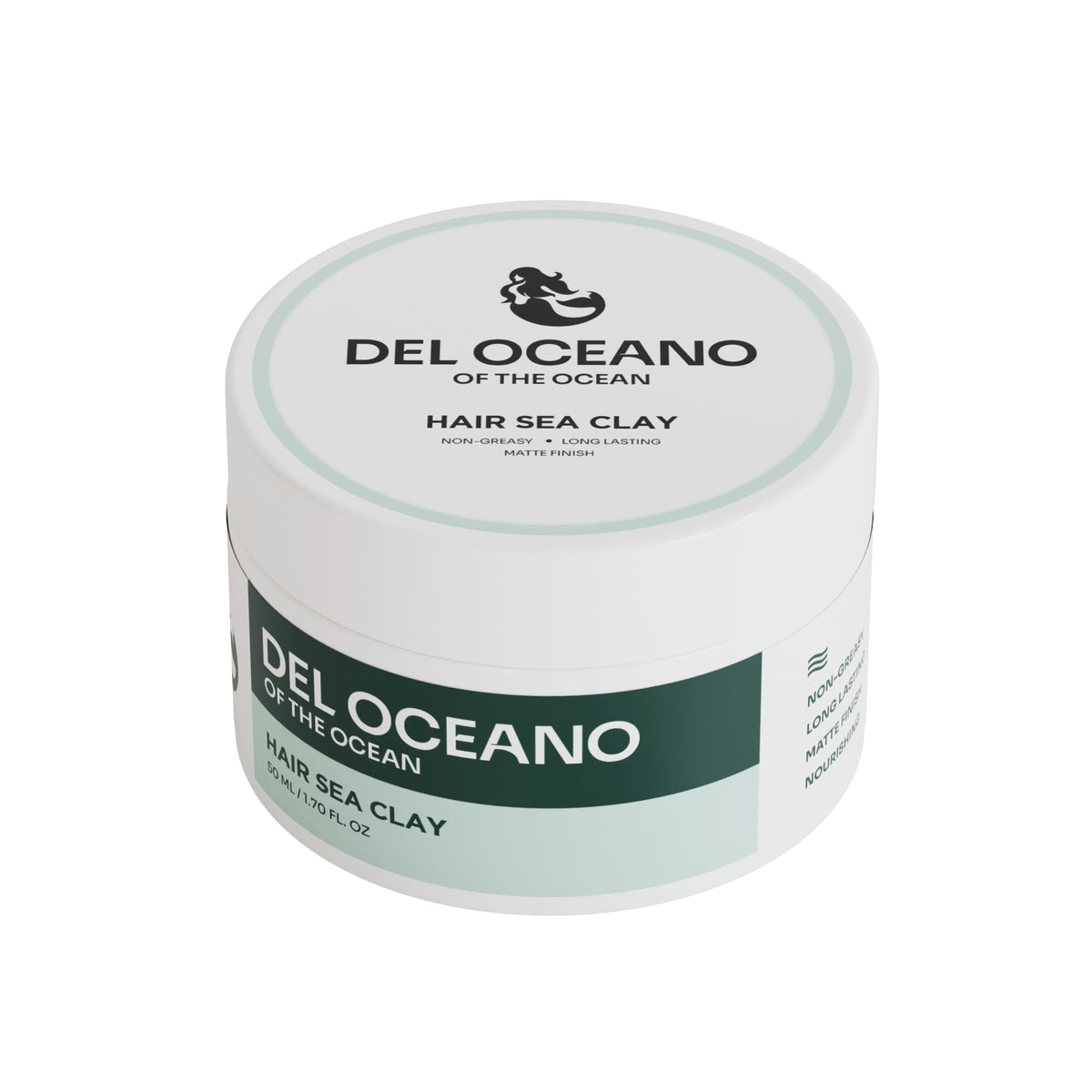 Del Océano Hair Sea Clay jar for nourished, strong hold styling.