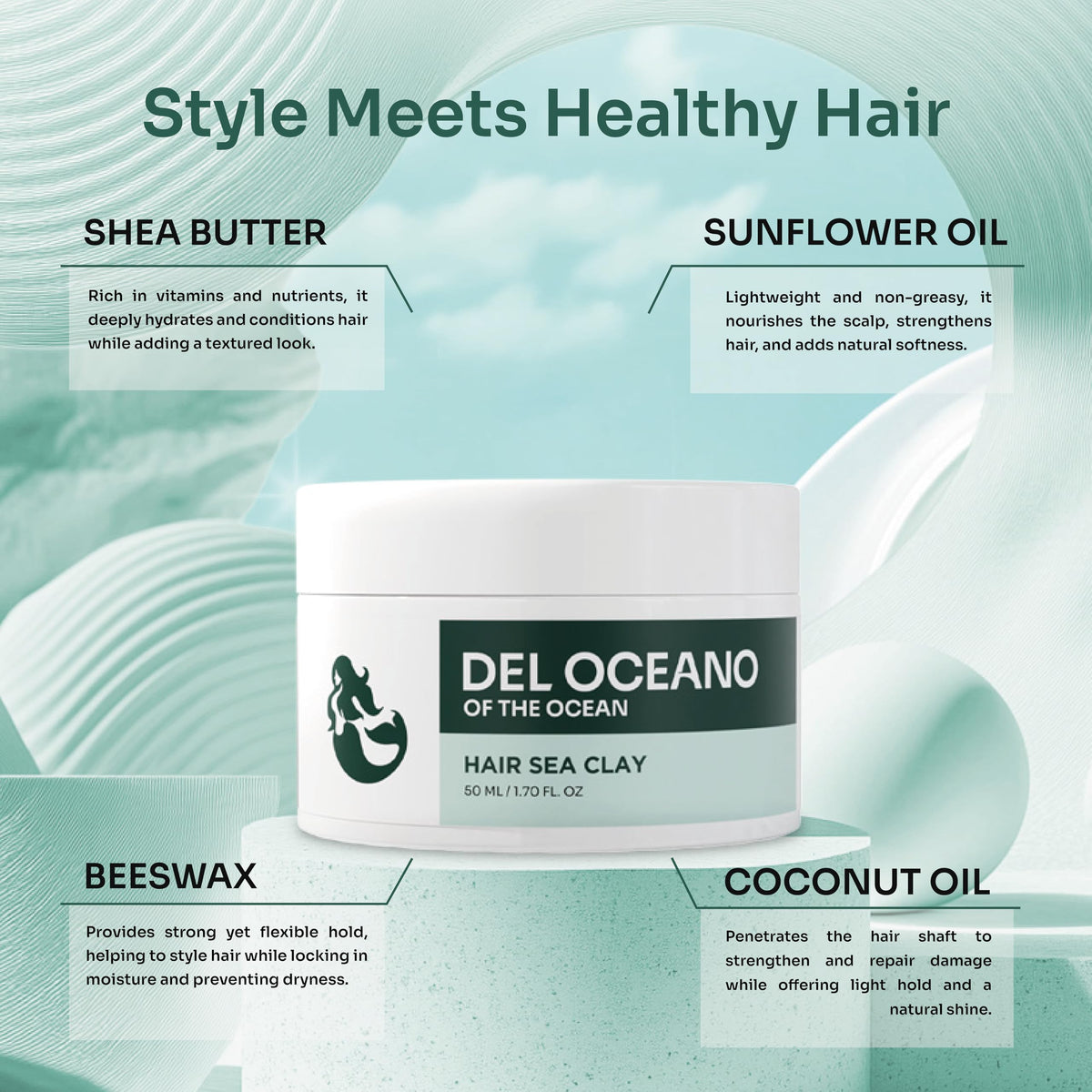 Del Océano Hair Sea Clay natural matte finish for a modern look.
