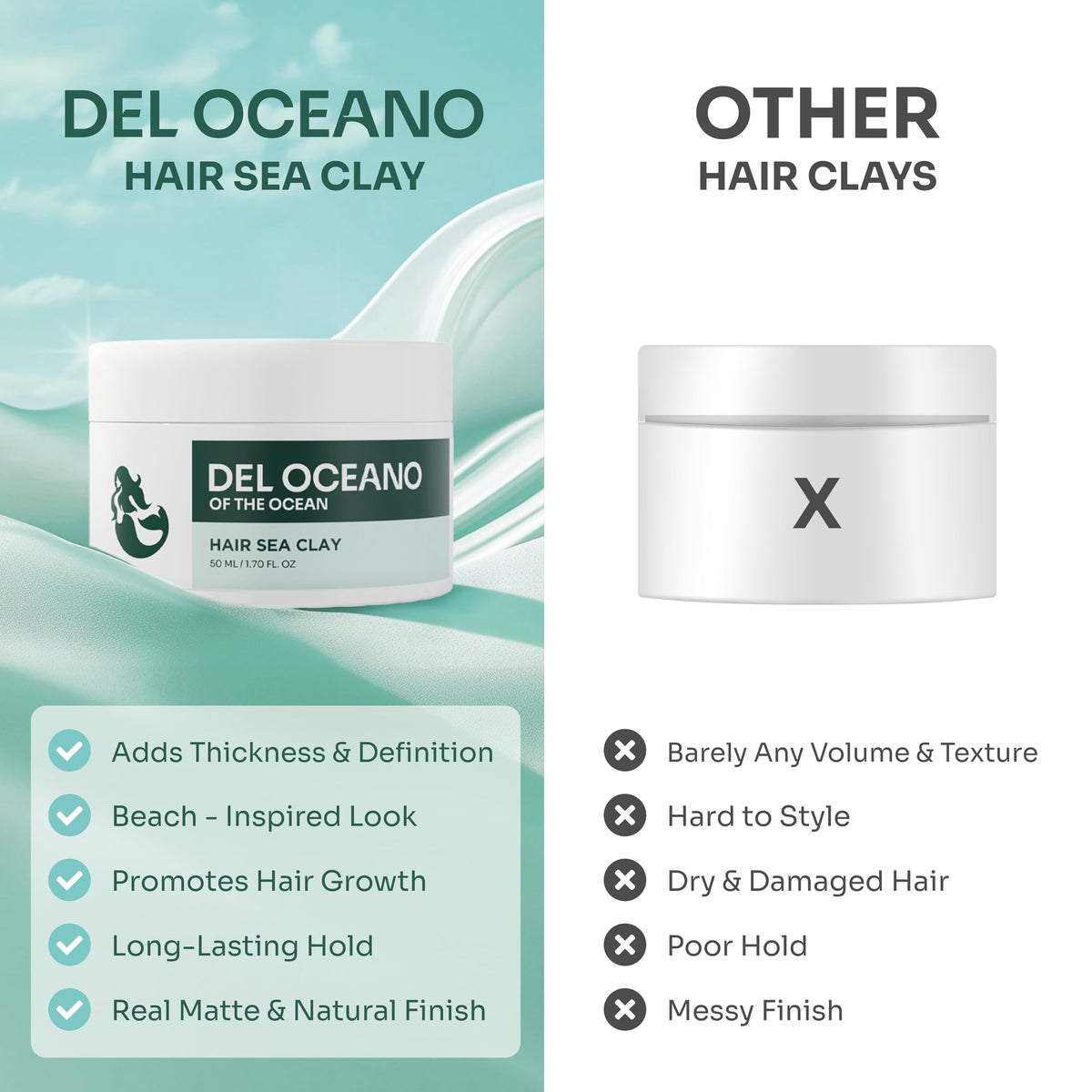 Del Océano Hair Sea Clay packaging highlights eco-friendly, easy-use formula.